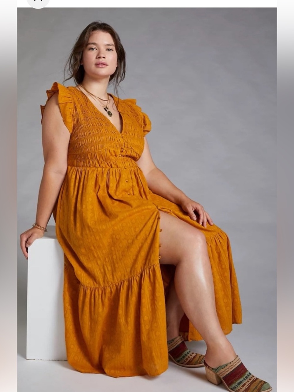 ANTHROPOLOGIE Gold Smocked Button Front Ruffle Pockets Tiered Midi Dress S